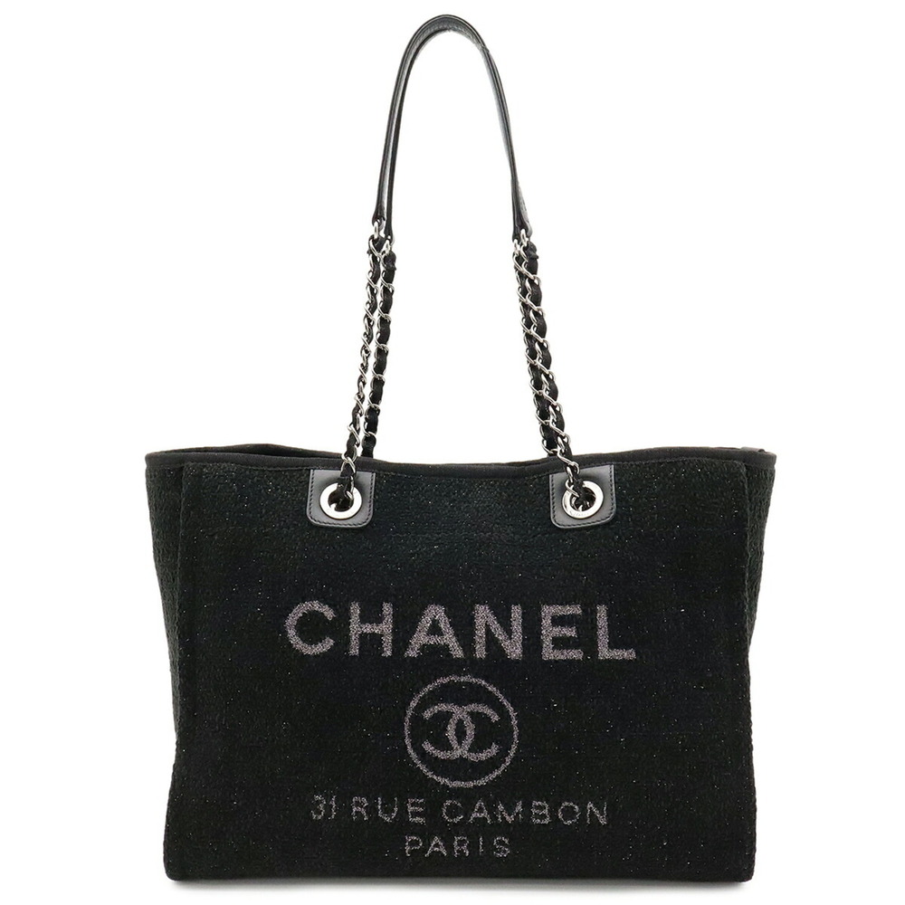 CHANEL Deauville Line Medium Tote MM Bag Shoulder Chain Cotton Black A67001